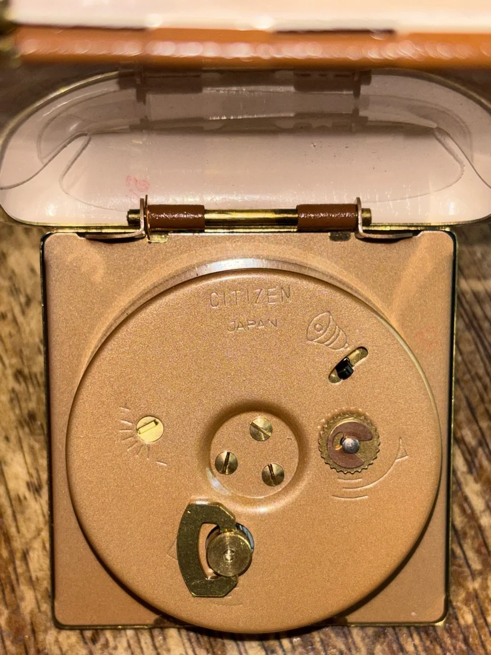 Vintage Citizen Japan Folding Travel Alarm Clock Gold Tone Brown Case Luminous